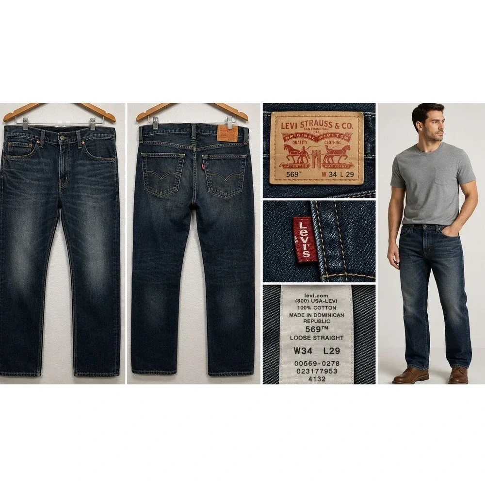 Levis 505 Jeans Mens 34X29 Blue Straight Leg Distressed Dark Wash 5 Pocket Denim